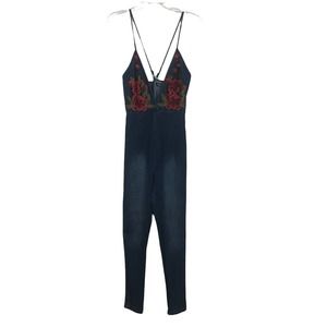 Fashion Nova Embroidered Floral Sleeveless Denim Jumpsuit Overalls XL